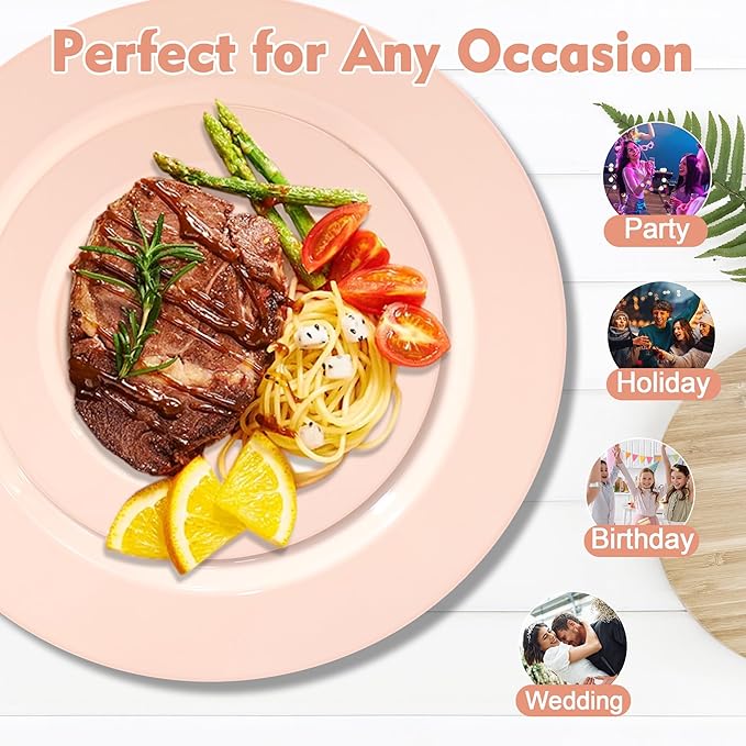 60 PCS Pink Plastic Plates, Plastic Disposable Plates Include 30 Dinner Plate and 30 Dessert Plate Perfect for Holiday, Birthday, Wedding & Party