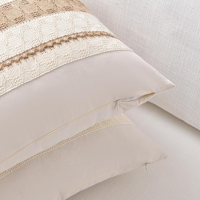 Fancy Homi Set of 1 Boho Neutral Decorative Throw Pillow Cover 16x16 Inch for Couch Bed Sofa, Aesthetic Modern Organic Farmhouse Home Decor, Soft Cotton Cute Accent Macrame Woven Tan Cushion Case