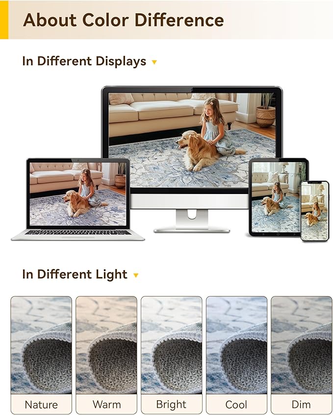Area Rugs Square 6ft Washable Non-Slip, Floral Vintage Distress Print Pattern Medallion Carpet for Living Room Bedroom Dining Room, Light Blue Navy Beige Gray White