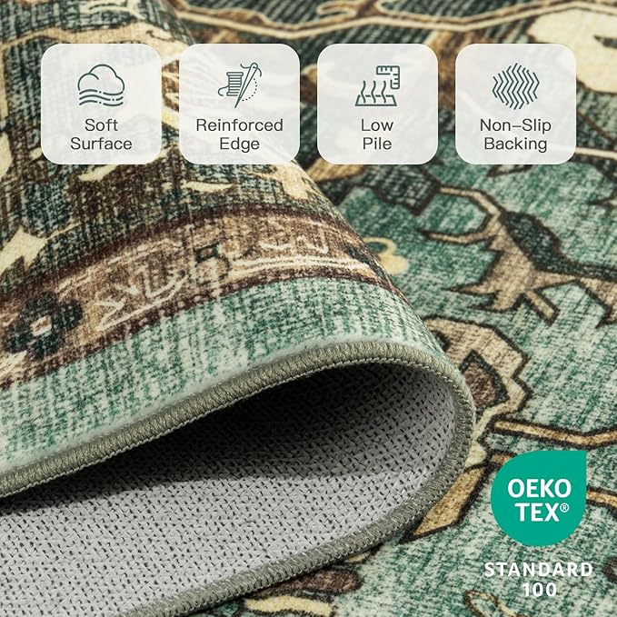 Lofus 6x9 Area Rugs for Living Room, Washable Area Rug, Rugs for Bedroom, Kitchen, Vintage Boho Carpet, Soft Non-Slip, Low Pile Large Area Rug for Office Dining Room, Green