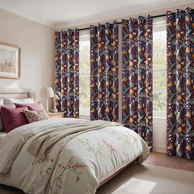 Rust Vintage Floral Curtains 84 Inch Long Luxury Whimsical Euro Flower Lemon Hummingbird Patterned Waverly Mid Century Colorful Blackout Drapes for Living Room Bedroom