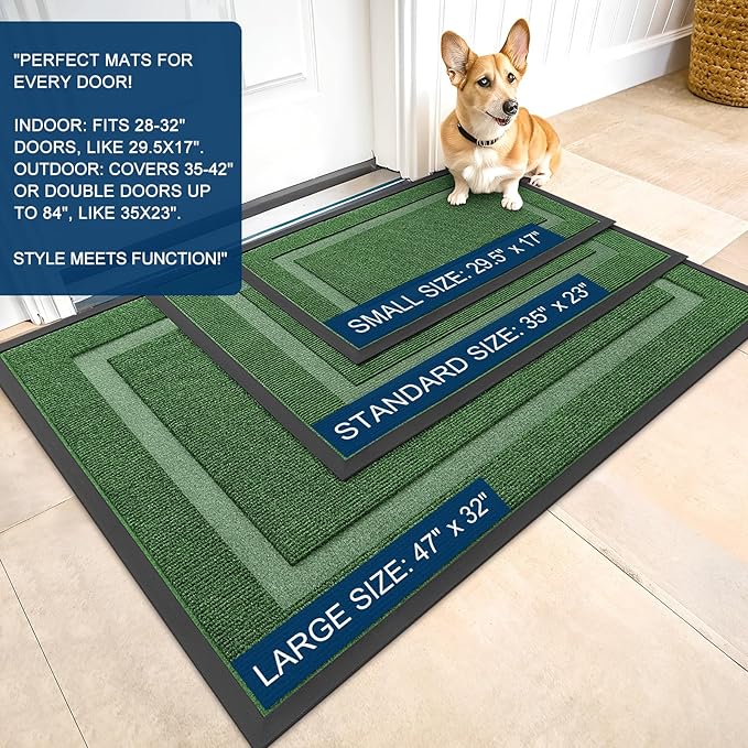 OLANLY Front Door Mat Indoor Outdoor Entrance, Waterproof All-Season, All-Weather Doormat, Sturdy Natural Rubber, Fade Resistant, Low Profile, Easy Clean Patio Porch Entryway Mat, 47x17, Green