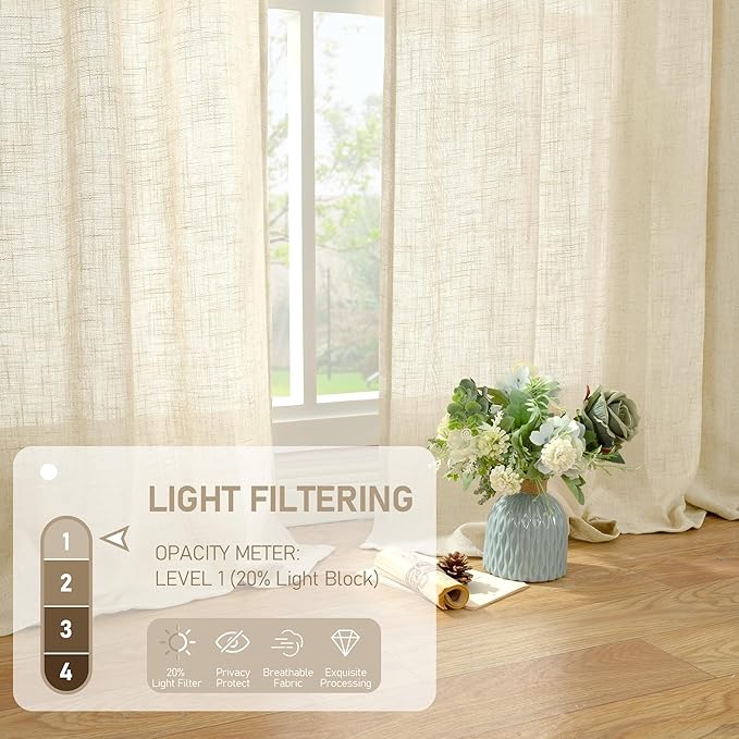 LAMIT Short Linen Window Curtains 30 Inches Long 2 Panels, Beige Semi Sheer Light Filtering Panels Back Tab and Rod Pocket Neutral Drapes for Basement/Small Windows, 34 x 30 Inch