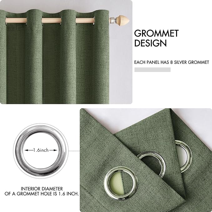 MIULEE 100% Blackout Linen Textured Curtains for Bedroom Solid Thermal Insulated Olive Green Grommet Room Darkening Curtains & Drapes Luxury Decor for Living Room Nursery 52 x 96 Inch (2 Panels)