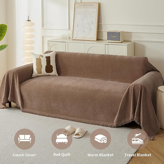 Couch Cover for Dogs, Boho Sofa Covers for 3 Cushion Couch, Chenille Sofa Slipcover for Pets Washable, L-Shape Sectional Couch Loveseat Cover Soft Throw Blankets with Tassels(71x118,Coffee)