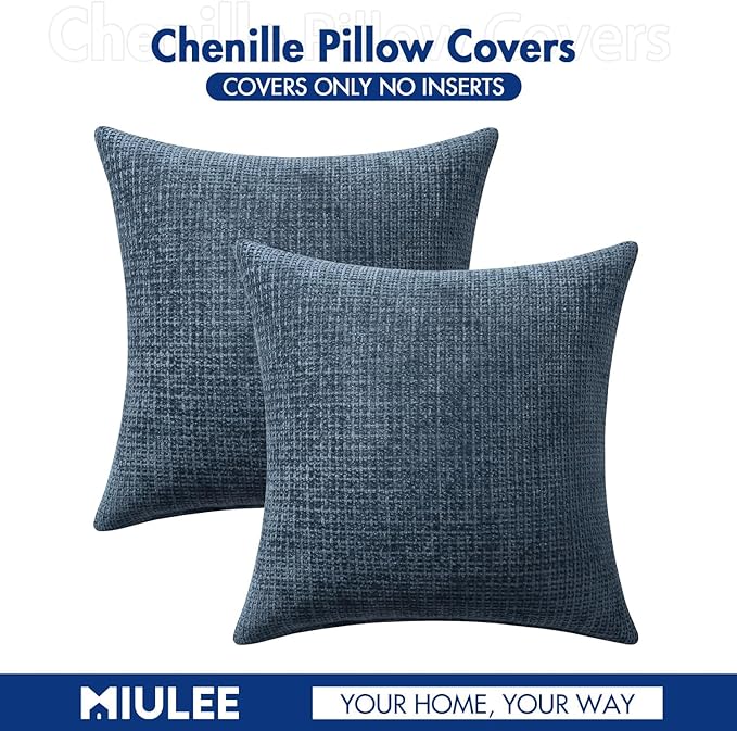MIULEE Pack of 2 Couch Throw Pillow Covers 18x18 Inch Coastal Navy Blue Modern Boho Accent Decorative Pillow Covers Soft Chenille Farmhouse Cushion Covers for Home Decor Bed Sofa Living Room
