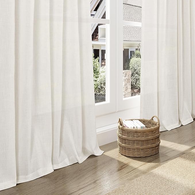 Extra Long Beige White Linen Curtains 120 Inch for Living Room 2 Panels Set Rod Pocket Back Tab Light Filtering Semi Sheer Soft Linen Window Drapes Privacy High Ceiling Drapes for Farmhouse 52x120