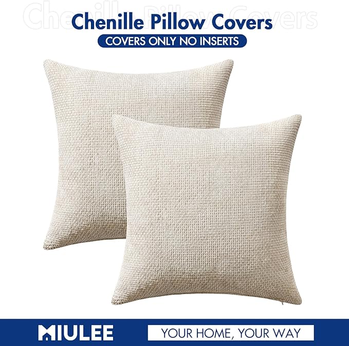 MIULEE Pack of 2 Couch Throw Pillow Covers 16x16 Inch Neutral Beige Modern Boho Accent Decorative Pillow Covers Soft Chenille Farmhouse Cushion Covers for Home Decor Bed Sofa Living Room