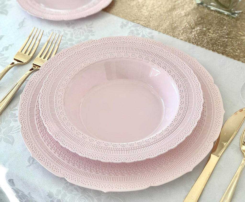 " OCCASIONS " 60 Plates Pack, Extra Heavyweight Vintage Wedding Party Disposable Plastic Plates (8.25'' Appetizer/dessert plate, Chateau in Blush/Dusty Rose Pink)