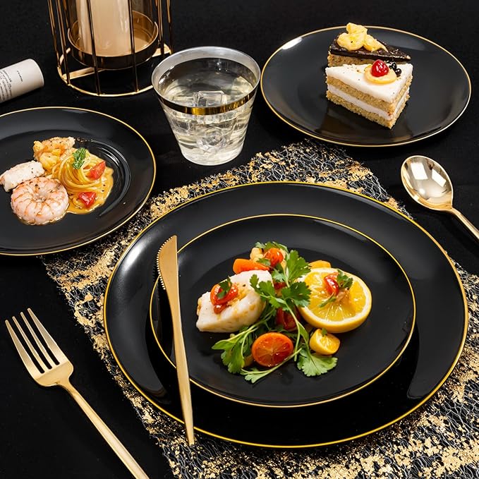 bUCLA 150PCS Black and Gold Plastic Plates - Black Gold Plastic Dinnerware Set Disposable - Include 25 Dinner / 25 Dessert Plates, 25 Knives, 25 Forks, 25 Spoons, 25 Cups, Ideal for Party & New Year
