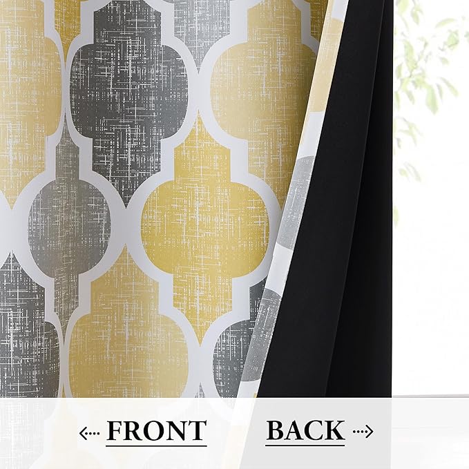 Beauoop 100% Blackout Curtains 84 Inches Long 2 Panels for Bedroom Living Room Yellow Grey Moroccan Geo Room Darkening Thermal Insulated Soundproof Rod Pocket Back Tab Window Treatments Drapes, 50x84