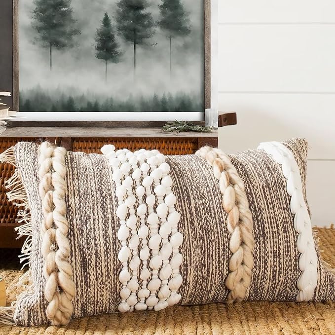 Decorative Boho-Chic Lumbar Pillow Cover 12x20 Premium Handwoven Tufted Cotton &Wool Accent Pillows, Earthy Color Throw Cushion, Farmhouse & Bohemian Home Decor (Limited Edition Cover Only)