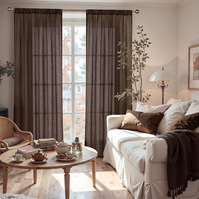 BGment Brown Linen Curtains 84 Inch Length 2 Panels for Living Room Windows, Chocolate Semi Sheer Drapes Textured with Rod Pocket for Farmhouse Bedroom Dining Decor Lightweight, Each 52 Inch Wide