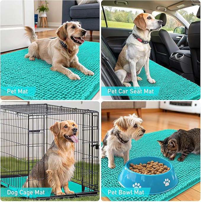 OLANLY Dog Door Mat for Muddy Paws 32x20, Absorbs Moisture and Dirt, Absorbent Non-Slip Washable Doormat, Quick Dry Chenille Mud Mat for Dogs, Entry Indoor Entryway Carpet for Inside Floor, Teal