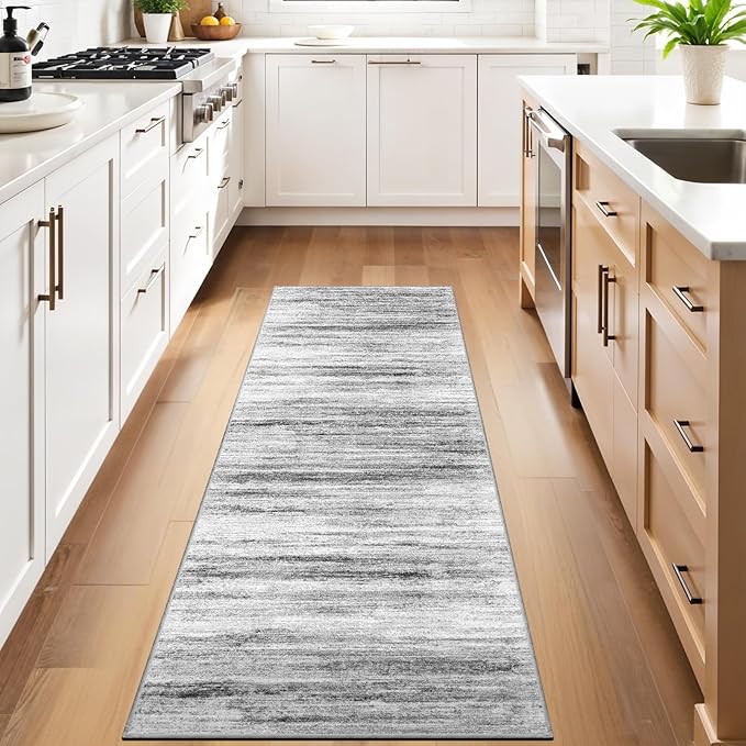 2x10 Washable Runner Rugs for Hallway: Easy-to-Clean Abstract Runners for Entryway Kitchen Dining Room- Stain and Water Resistant Rugs with Non-Slip Backing - Soft Low-Pile Carpet Grey