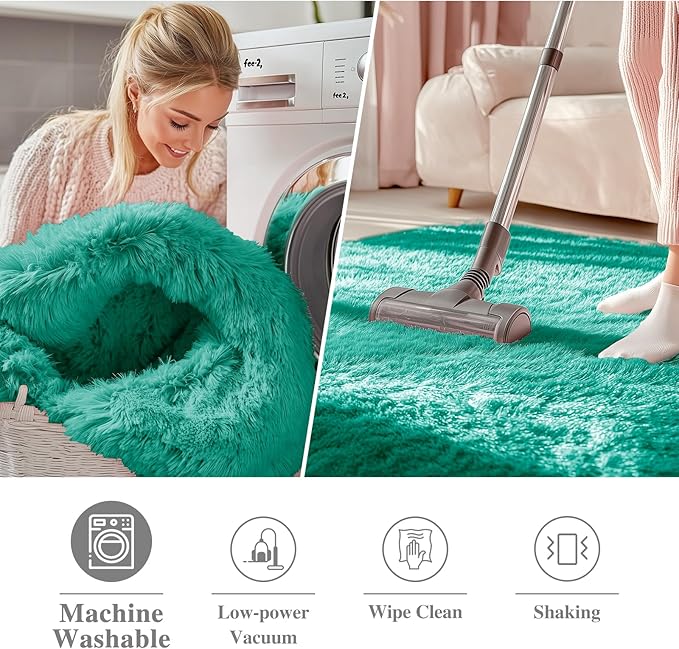 OLANLY Teal Green Round Rugs for Bedroom - Machine Washable, 7 ft Circle Area Rugs for Living Room, Soft and Fluffy Shaggy Carpet for Teen Girl and Boys, Nursery Rooms, Dorms, Home Decor Aesthetic