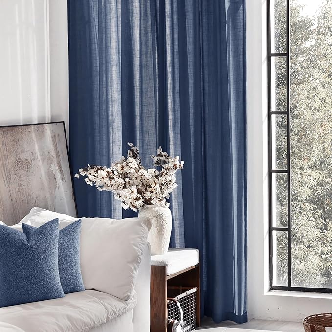 Navy Blue Curtains 108 inch Length for Bedroom Back Tab Light Filtering Semi Sheer Blue Living Room Curtains Linen Cotton Textured Indigo Blue Drapery Panel Modern Aesthetic Decor 60" Wx108" L