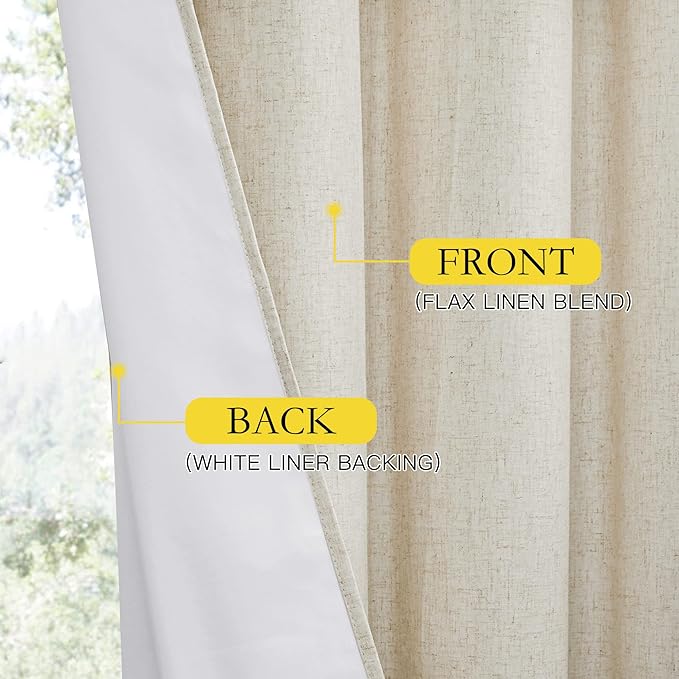 NICETOWN Extra Long Natural Linen 100% Blackout Curtains 120 inches Length 2 Panels Set with Thermal Insulated Liners, 62" Width, Farmhouse Style Window Draperies for Patio Sliding Glass Door
