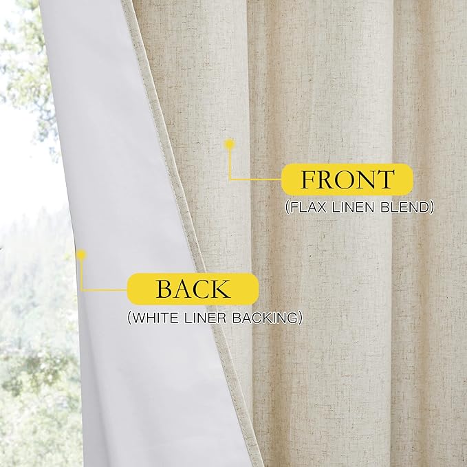 NICETOWN Natural Linen Complete Blackout Cold Reducing Curtains 48 inches for Kids Room, 2 Panels, Thermal Insulated & Noise Reducing Window Draperies with White Liner, Noise Reducing Short Drapes