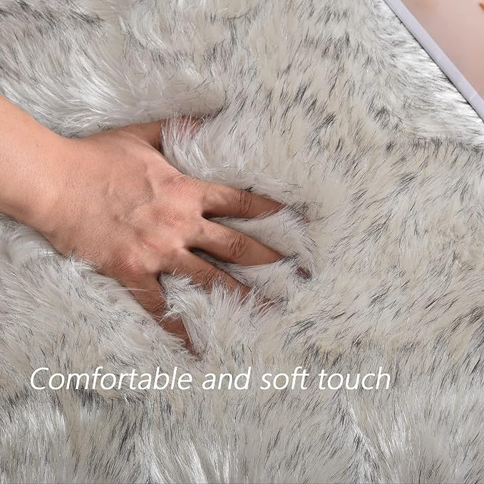 Latepis 10x14 White with Grey Tips Fur Rug for Living Room Faux Sheepskin Fluffy Shag Rug for Bedroom Fuzzy Rug Room Décor Entertainment Room, Rectangle