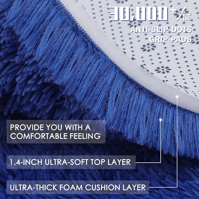 OLANLY 3x3 Machine Washable Small Bedside Rug, Soft Fluffy Shaggy Entryway Throw Rugs for Bedroom, Living Room, Indoor Floor Carpet for Kids Girls and Boys, Nursery Rooms, Home Decor, Navy Blue