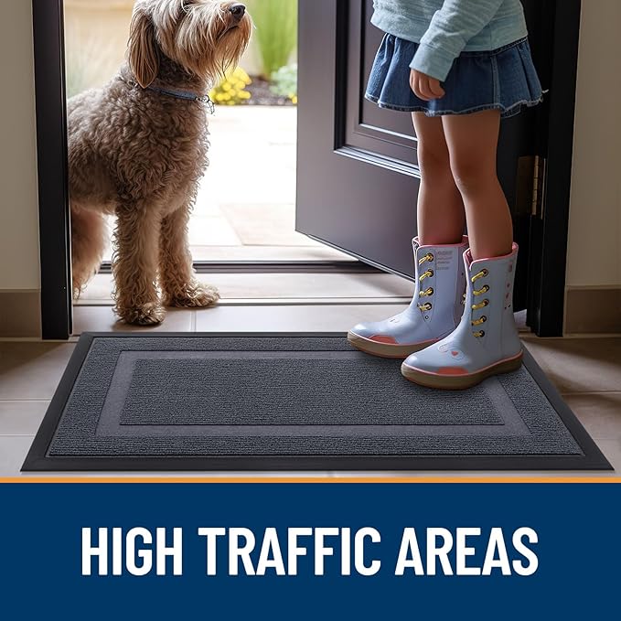 OLANLY Front Door Mat Indoor Outdoor Entrance, Waterproof All-Season, All-Weather Doormat, Sturdy Natural Rubber, Fade Resistant, Low Profile, Easy Clean Patio Porch Entryway Mat, 47x30, Light Grey