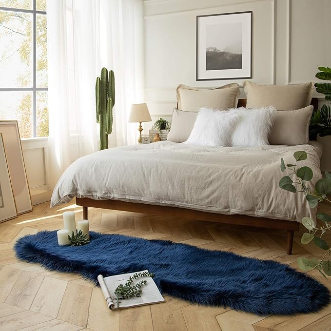 Ashler Faux Fur Rug, Dark Blue Area Rugs, Fluffy Sheepskin Fur Rug, Fuzzy Ultra Soft 2 x 6 Ft Rugs, Machine Washable Shag Rug, Nursery Throw Rugs for Bed, Living, Kids Room