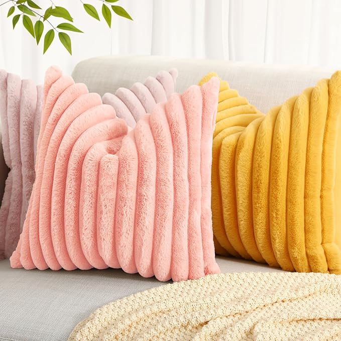 decorUhome Summer Cozy Faux Fur Throw Pillow Covers 20x20 Set of 2 Decorative Plush Striped Modern Farmhouse Boho Couch Pillow Cases with Velvet Back for Sofa Bed Living Room, Blush Pink