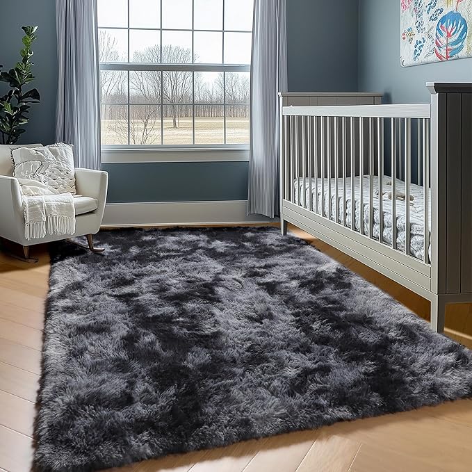 ONASAR 6x9 Area Rugs for Living Room Bedroom, Tie-Dyed Dark Grey Large Fluffy Bedside Throw Rug, Soft Plush Shaggy Fuzzy Floor Carpet for Nursery Kids Girls Boys Teen Dorm Home Decor
