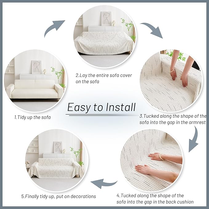 MYSKY HOME Couch Cover for Dogs, Sectional Couch Cover, Beige Lines Sofa Covers for Sectional Sofa L Shape Chenille Couch Protector for Dogs Pets Couch Covers Washable Soft Throw, 91"X150"