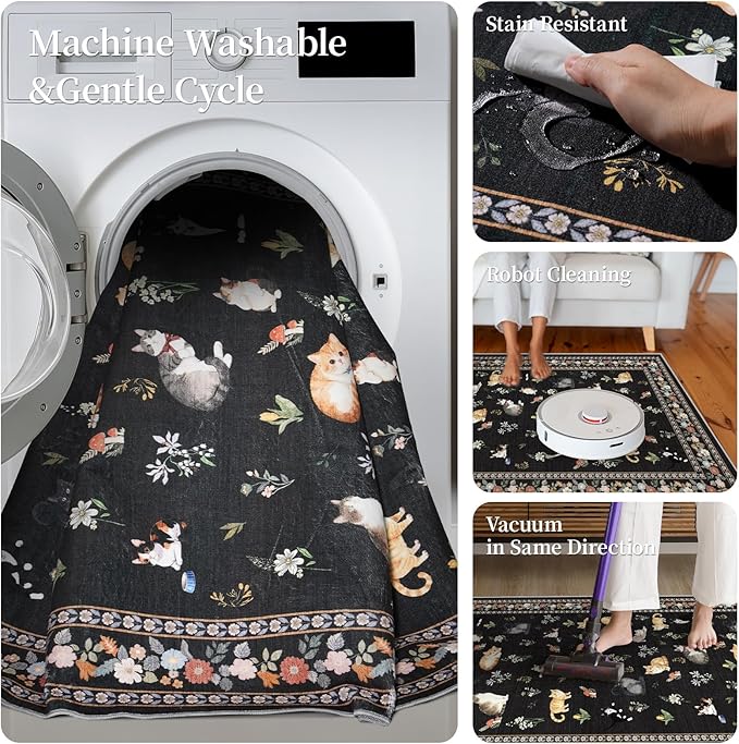2'6"x8' Washable Kitchen Runner Rug - Soft Low Pile Floral Animal Cat Print Rugs with Non-Slip Backing Waterproof Stain-Resistant Indoor Carpet for Hallway Entryway Bathroom Bedroom (Black)