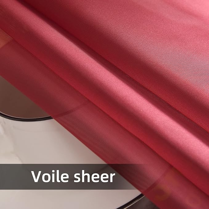 youleyar Solid Sheer Rod Pocket Curtain Voile Draperies 2 Panels White Beige Black Grey Coffee 52 Inch Width 96 Inch Long 1 Pair for Kitchen Bedroom Children Living Room Yard (Wine Red,52Wｘ96L)