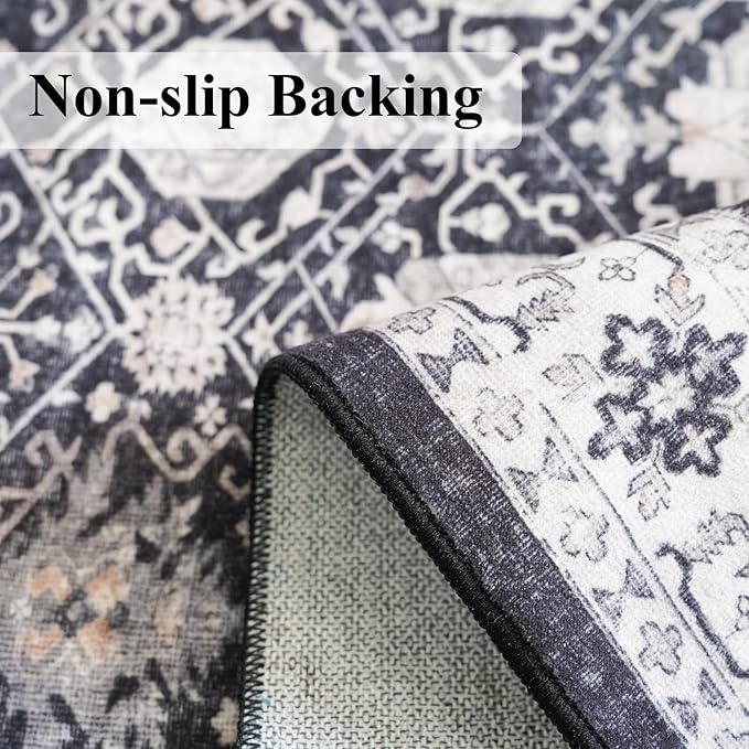 Washable 4x8 Hallway Runner Rug: Vintage 8ft Soft Runners for Entry Living Room Wide Low Pile Carpet with Non-Slip Backing for Kitchen Bedroom Thin Stain Resistant Floor Mat for Dining Room(Black,4x8)