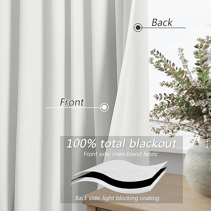 Guken Off White 100% Blackout Curtains 96 Inch Length 2 Panels Set for Living Room Bedroom Back Tab Thermal Insulated Black Out Linen Drapes Room Darkening Window Curtains 96 Inches Long