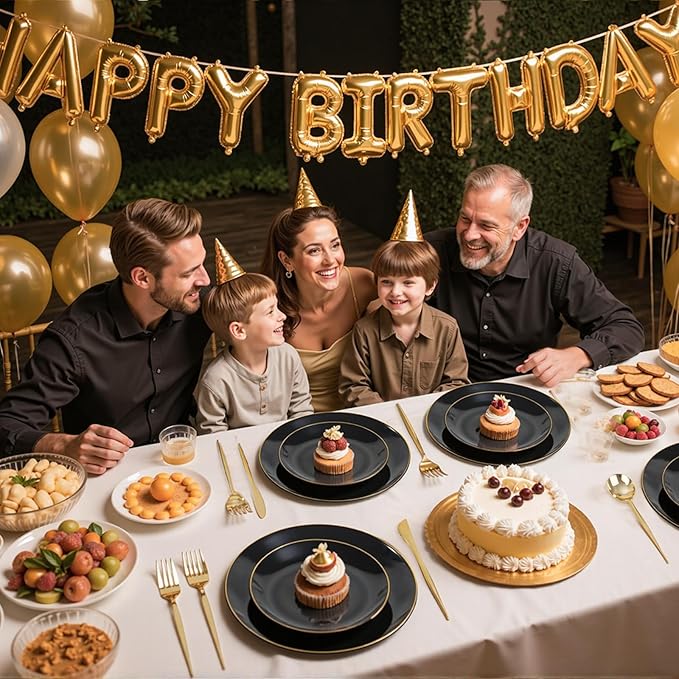 bUCLA 150PCS Black and Gold Plastic Plates - Black Gold Plastic Dinnerware Set Disposable - Include 25 Dinner / 25 Dessert Plates, 25 Knives, 25 Forks, 25 Spoons, 25 Cups, Ideal for Party & New Year