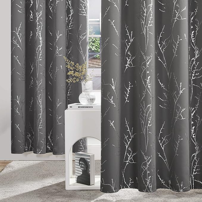 Deconovo Short Kitchen Curtains, 42 x 54 Inch Length 2 Panels Set, Thermal Insulated Soundproof Drapes with Silver Branch Pattern, Grommet Top, Machine Washable Panel for Small Window Living Room