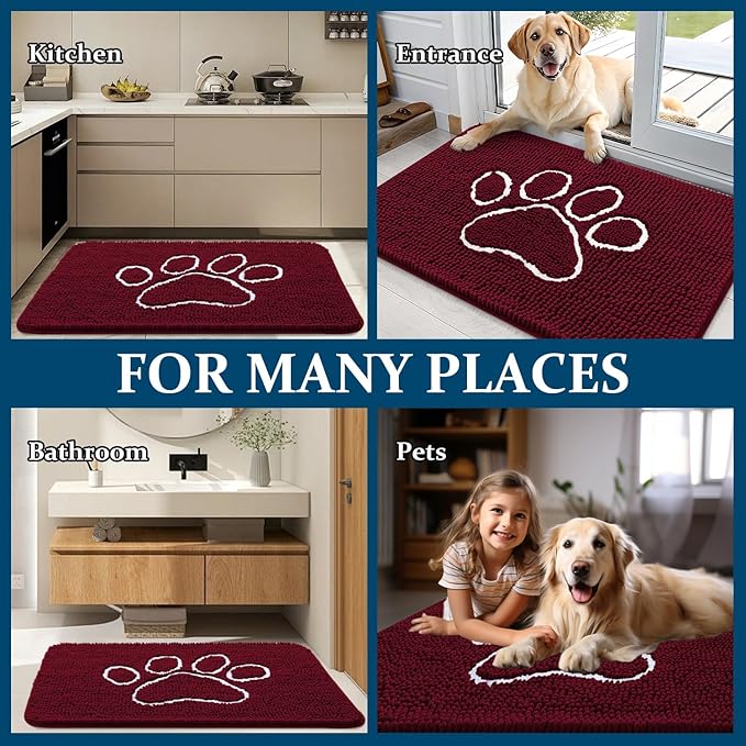 OLANLY Dog Door Mat for Muddy Paws 24x16, Paw Print Design, Absorbs Moisture and Dirt, Absorbent Non-Slip Washable Doormat, Quick Dry Chenille Mud Mat for Dogs, Entry Indoor Entryway Carpet, Burgundy