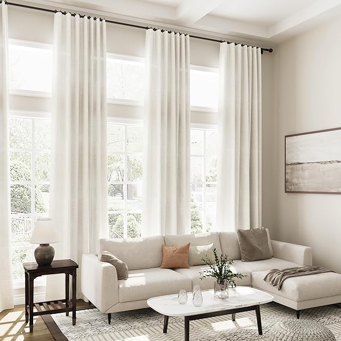 Cream Linen Curtains 119 Inches Long for Living Room Extra Long Back Tab Curtains Neutral Farmhouse Light Filtering Semi Sheer Linen Drapes Ceiling to Floor for Large Window 2 Panels Set 52x119