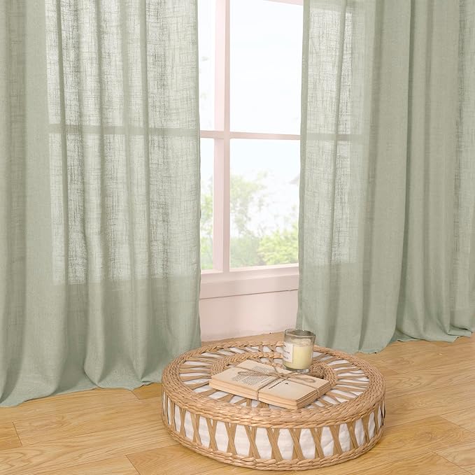 LAMIT Sage Grey Linen Curtains 90 Inch for Living Room, Back Tab and Rod Pocket Linen Textured Farmhouse Curtains Light Filtering Drapes for Bedroom/Dining Room, Set of 2, 52 x 90 Inch