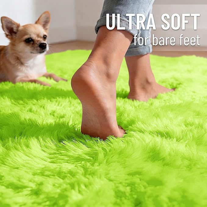 OLANLY Lime Green Round Rugs for Bedroom - Machine Washable, 5 ft Circle Area Rugs for Living Room, Soft and Fluffy Shaggy Carpet for Teen Girl and Boys, Nursery Rooms, Dorms, Home Decor Aesthetic