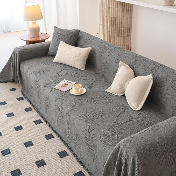 HANDONTIME Washable Couch Covers for Sofa Boho Couch Covers for 3 Cushion Sofa Pet Friendly Grey Chenille Jacquard Couch Protector for Dogs Plant Branch Sectional Cover Sofa Slipcovers, 71" X 118"