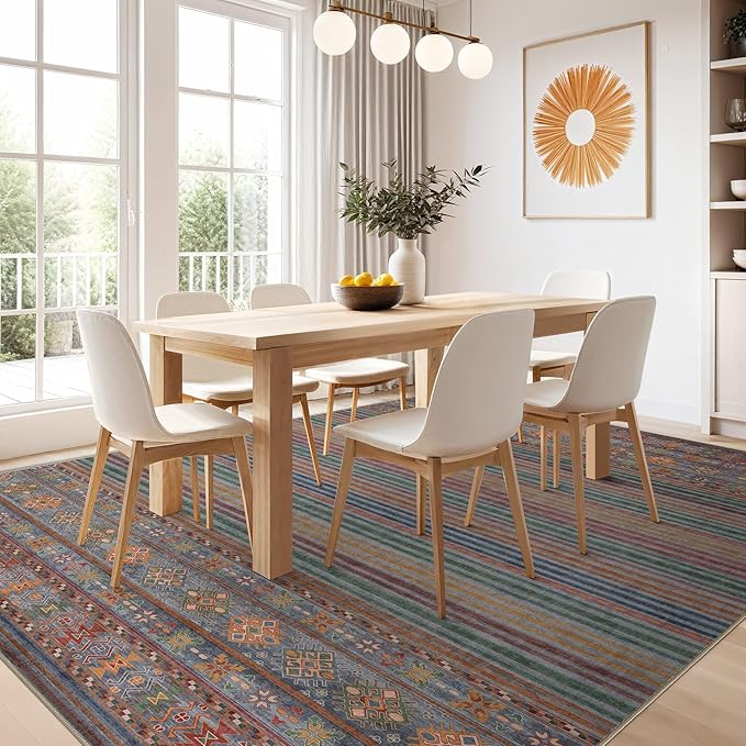 Nakagishi 7X9 Area Rugs Living Room: Washable Large Vintage Rug Neutral Non-Slip Soft Stain Resistant Indoor Carpet for Bedroom Nursery Dining Room Office Playroom - Multi Color