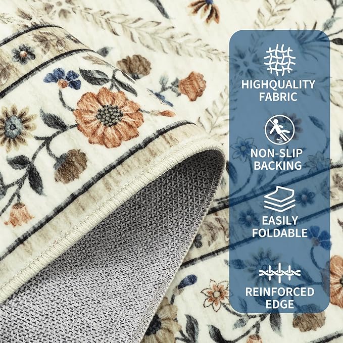 Washable Kitchen Rugs Non Slip 2x6 Hallway Runner Rug Stain Resistant Low Pile Floral Floor Rug with Rubber Backing Non Shedding Runners for Indoor Entryway Bedside Bedroom Farmhouse RV Beige Sand