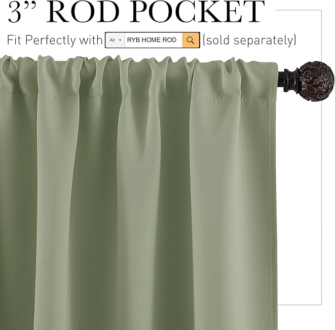 RYB HOME Short Sage Green Blackout Curtains for Small Bedroom Window, Insulating UV Blocking Drapes for Kitchen Cafe Basement Garage, Privacy Tiers for Bathroom Window, Width 42 by Length 36, Set of 2