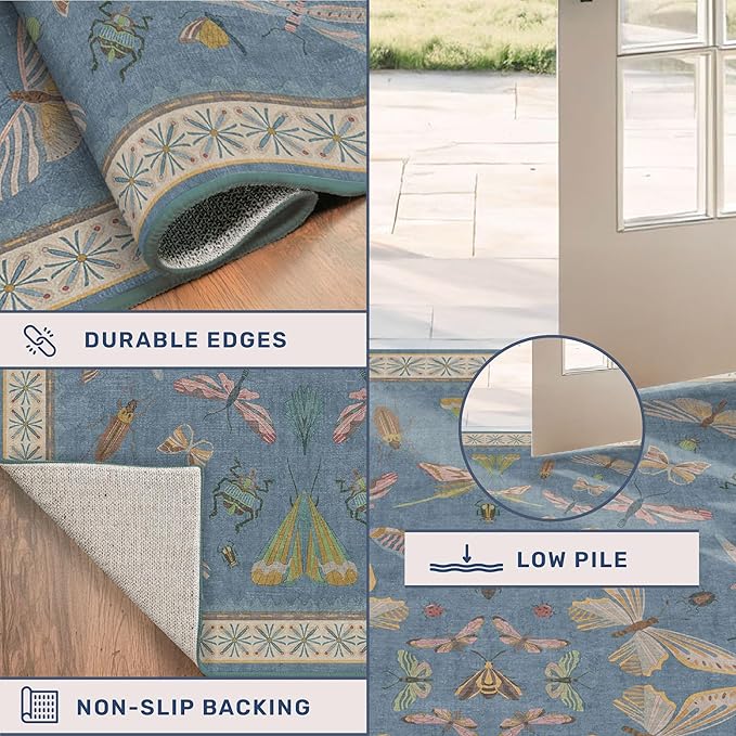 Hazo Haus Boho Non Slip Kitchen Rug Runner - 2x6 Blue Washable Rug for Bathroom, Laundry Room, Hallway, Non Slip with Rubber Backing, Insect Print Unique Runner