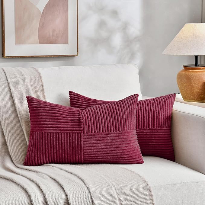 Fancy Homi 2 Packs Burgundy Lumbar Decorative Throw Pillow Covers 16x32 Inch for Living Room Couch Bed, Farmhouse Boho Home Decor, Soft Striped Corduroy Rectangle Accent Cushion Case 40x80 cm