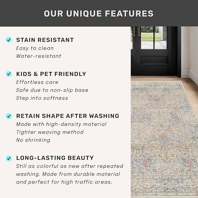 Beige Blue Living Room Rug 5x7, Cottage Area Rug for Bedroom, Vintage Washable Floral Mat for Nursery, Office, Low Pile Non Slip Stain Resistance French Country Style Retro Indoor (5x7 Beige Blue)