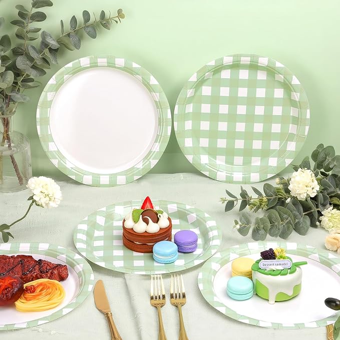 52 Pcs Green Gingham Party Plates - 9 Inch Checkered Plaid Dessert Plates Disposable Green and White Paper Plate - For Picnic BBQ Birthday Dinner Party Supplies
