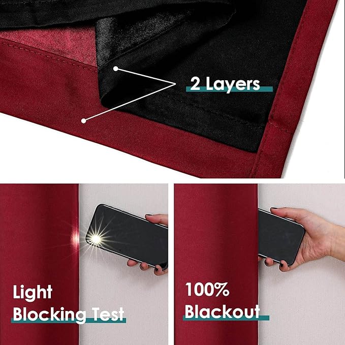 ChrisDowa 100% Blackout Curtains for Bedroom with Black Liner, 2 Thick Layers Total Blackout Thermal Insulated Grommet Window Curtains 2 Panels Set (Burgundy, 42 x 63 Inch)