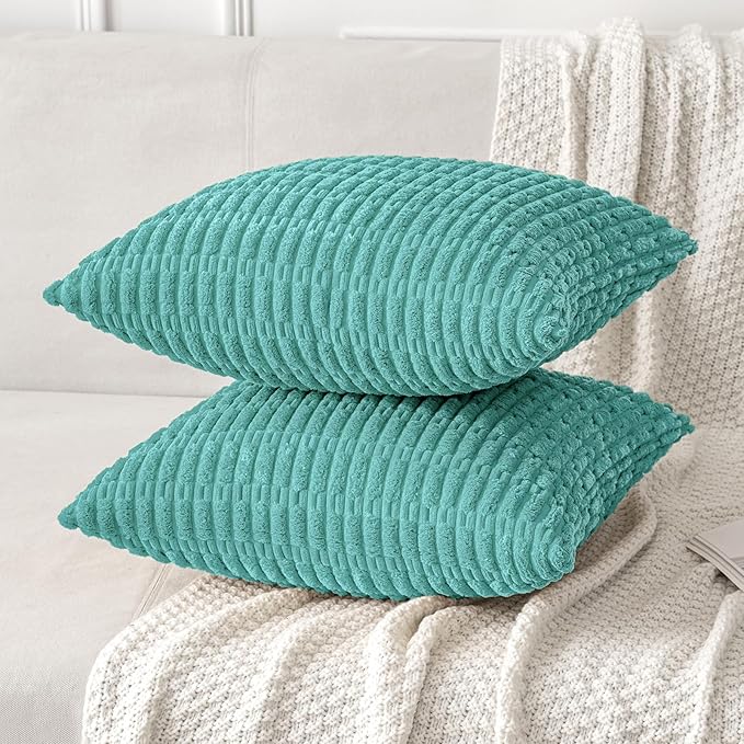MIULEE Pack of 2 Corduroy Decorative Throw Pillow Covers 16x16 Inch Soft Boho Striped Pillow Covers Modern Farmhouse Home Decor for Summer Sofa Living Room Couch Bed Aqua Green
